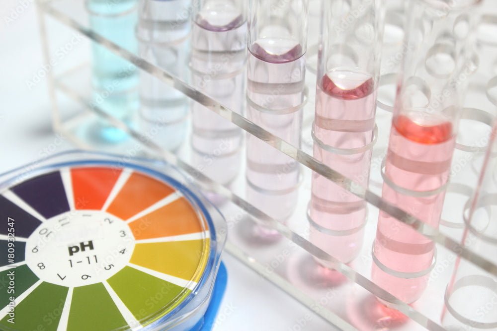 image of a pH scale and test tubes with different coloured water samples