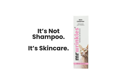 Mr Wrinkles Skin Cleanser for Sphynx cats displayed beside the text It's Not Shampoo. It's Skincare — hairless cat skincare product